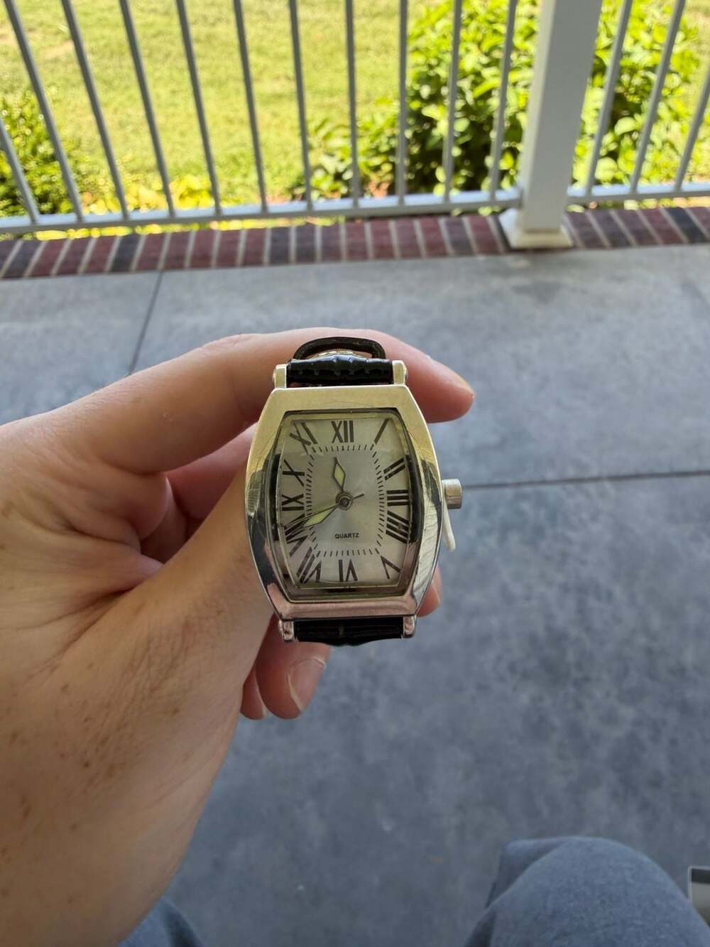 SKC Vintage Silver Tone Tonneau Case Quartz Watch with Black Patent Leather Band